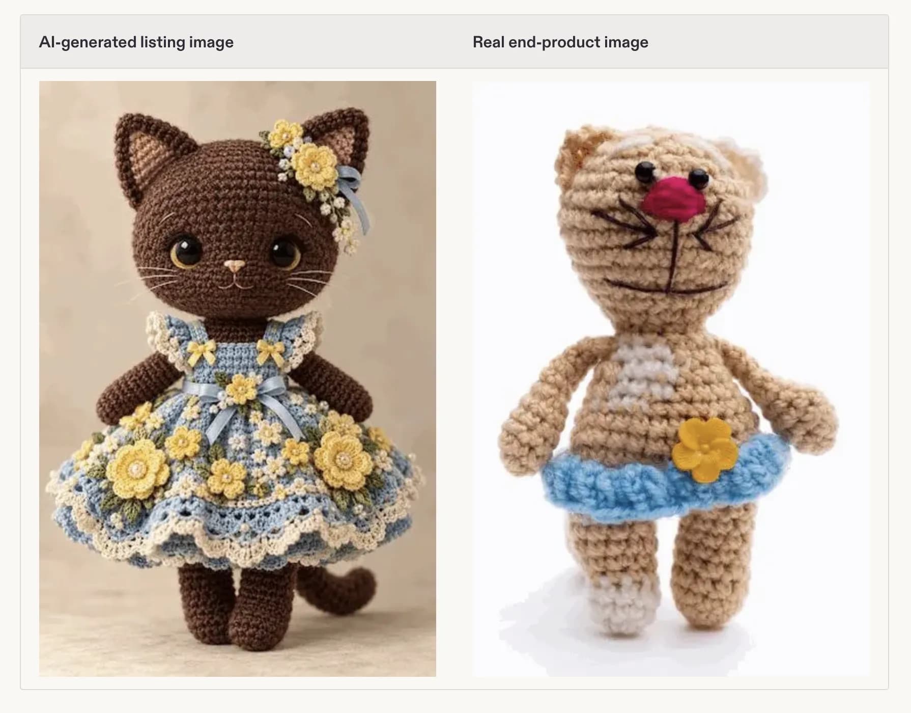 Screenshots from Etsy showing an AI-generated product image with a real stuffed animal that looks nothing like it.