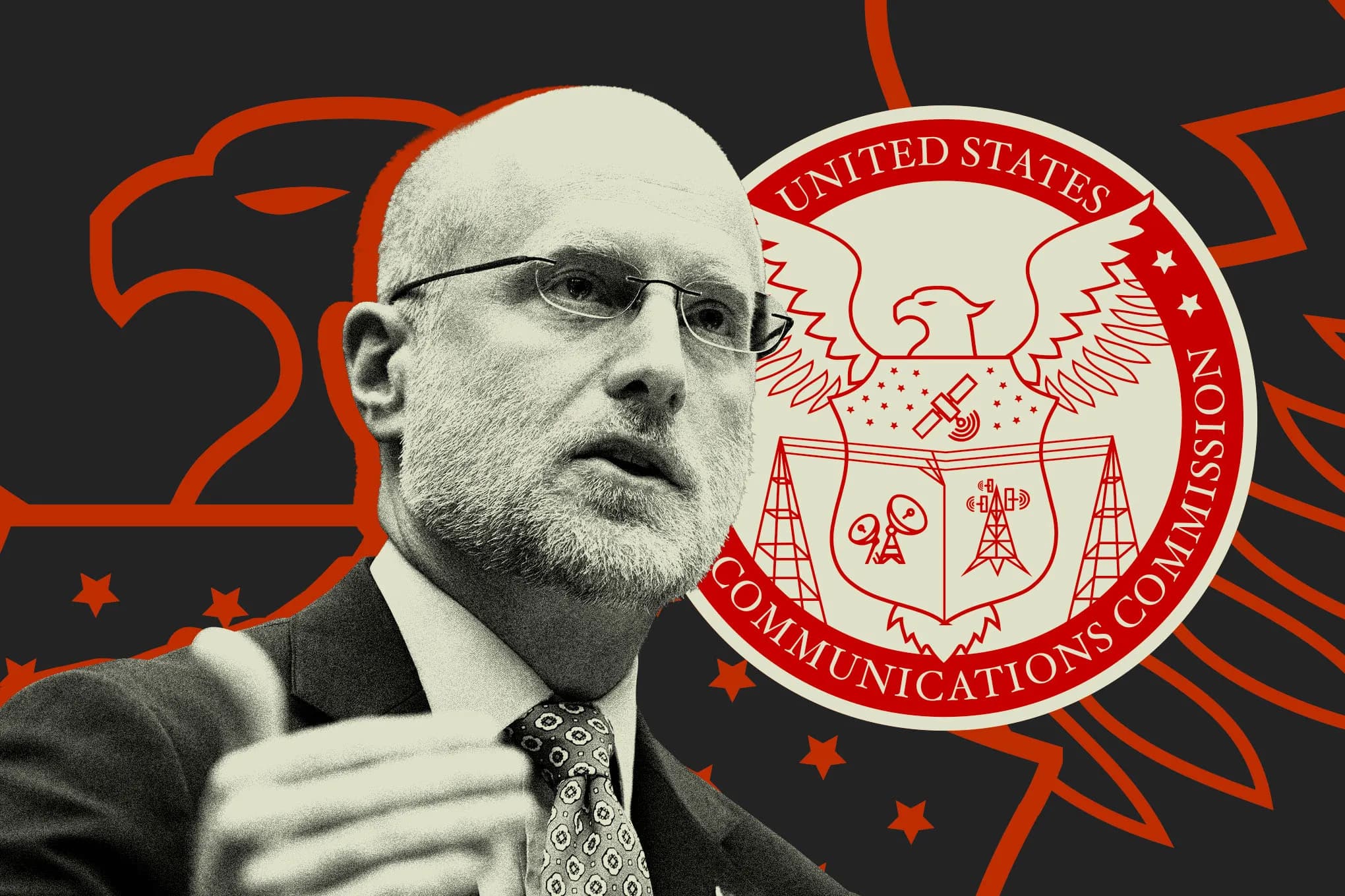Digital photo illustration of FCC chair Brendan Carr.