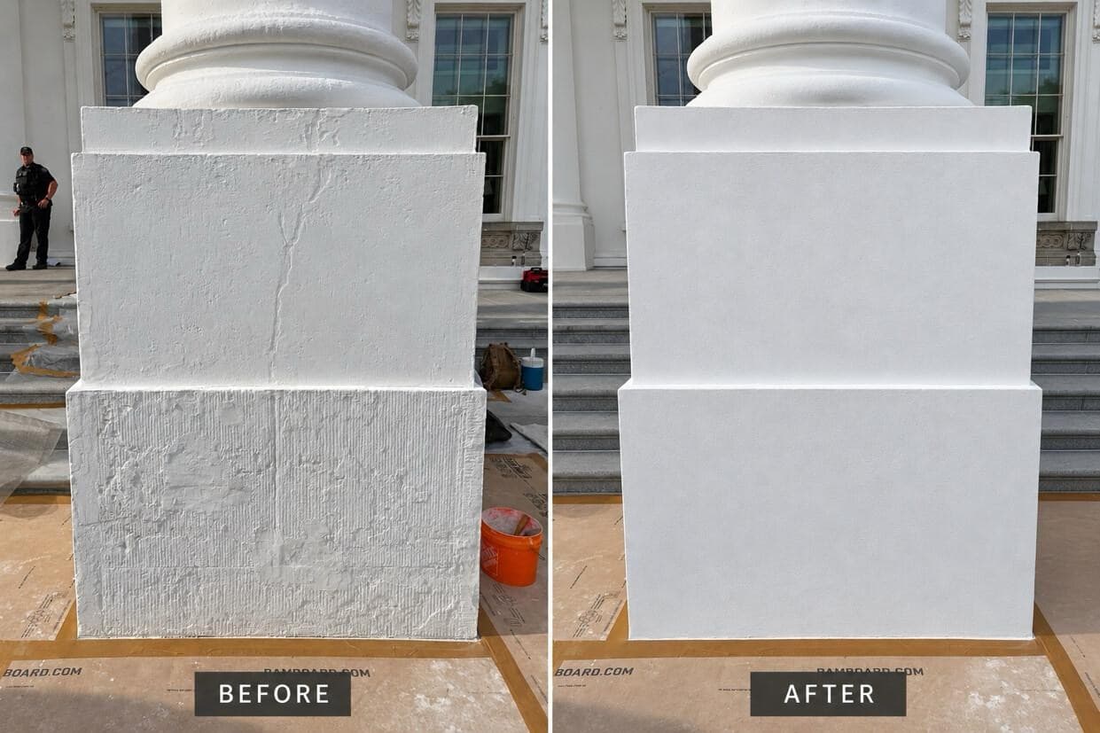 A before and after photo of a White House column that appears to be edited with AI