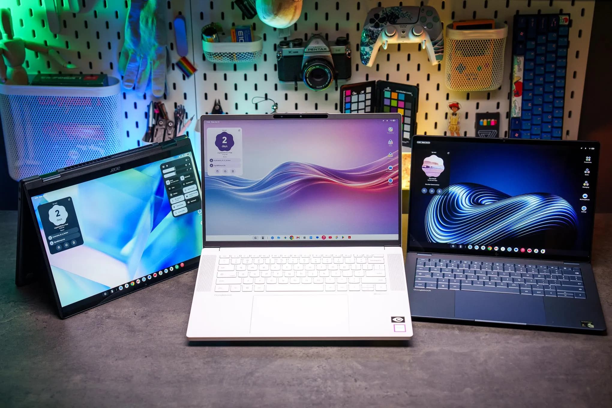 The Acer Googlebook 14 (left), Lenovo Googlebook 15 (center), and HP Googlebook 14 (right).