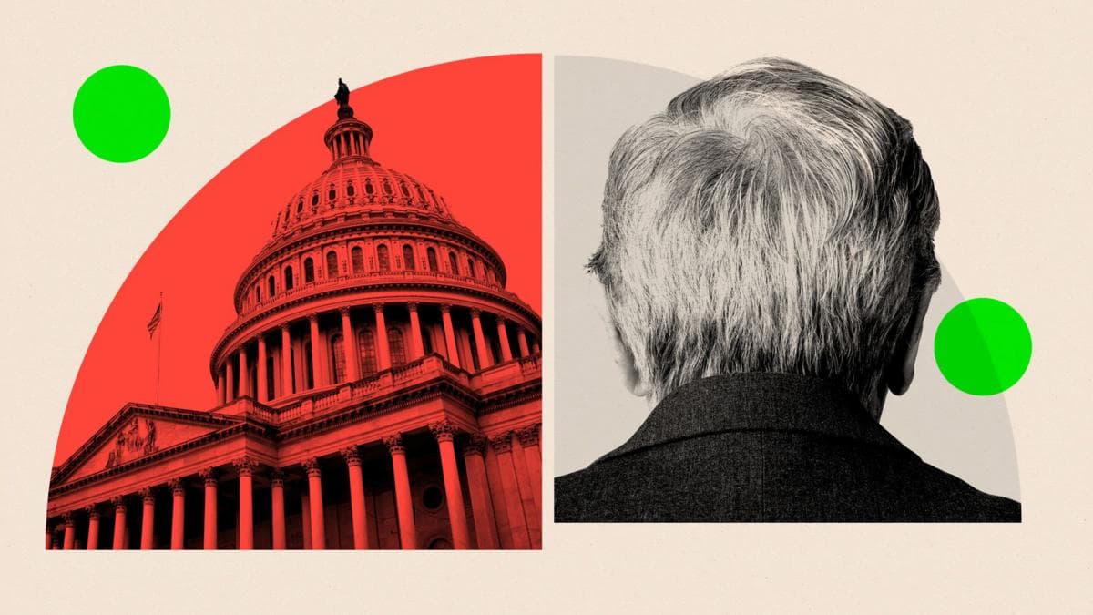 The US Capitol on the left and the back of a man's head on the right. This is overlaid with green and red design elements