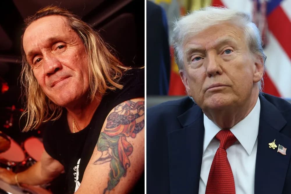 Michael "Nicko" McBrain, English musician and drummer of the British heavy metal band Iron Maiden. (Photo by Richard Ecclestone/Redferns) WASHINGTON, DC - OCTOBER 06: U.S. President Donald Trump speaks in the Oval Office at the White…