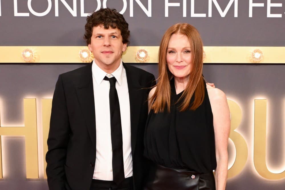LONDON, ENGLAND - OCTOBER 18: Director Jesse Eisenberg and Julianne Moore attend "The Debut" 2026 Closing Gala during the 70th BFI London Film Festival at The Royal Festival Hall on October 18, 2026 in London, England.