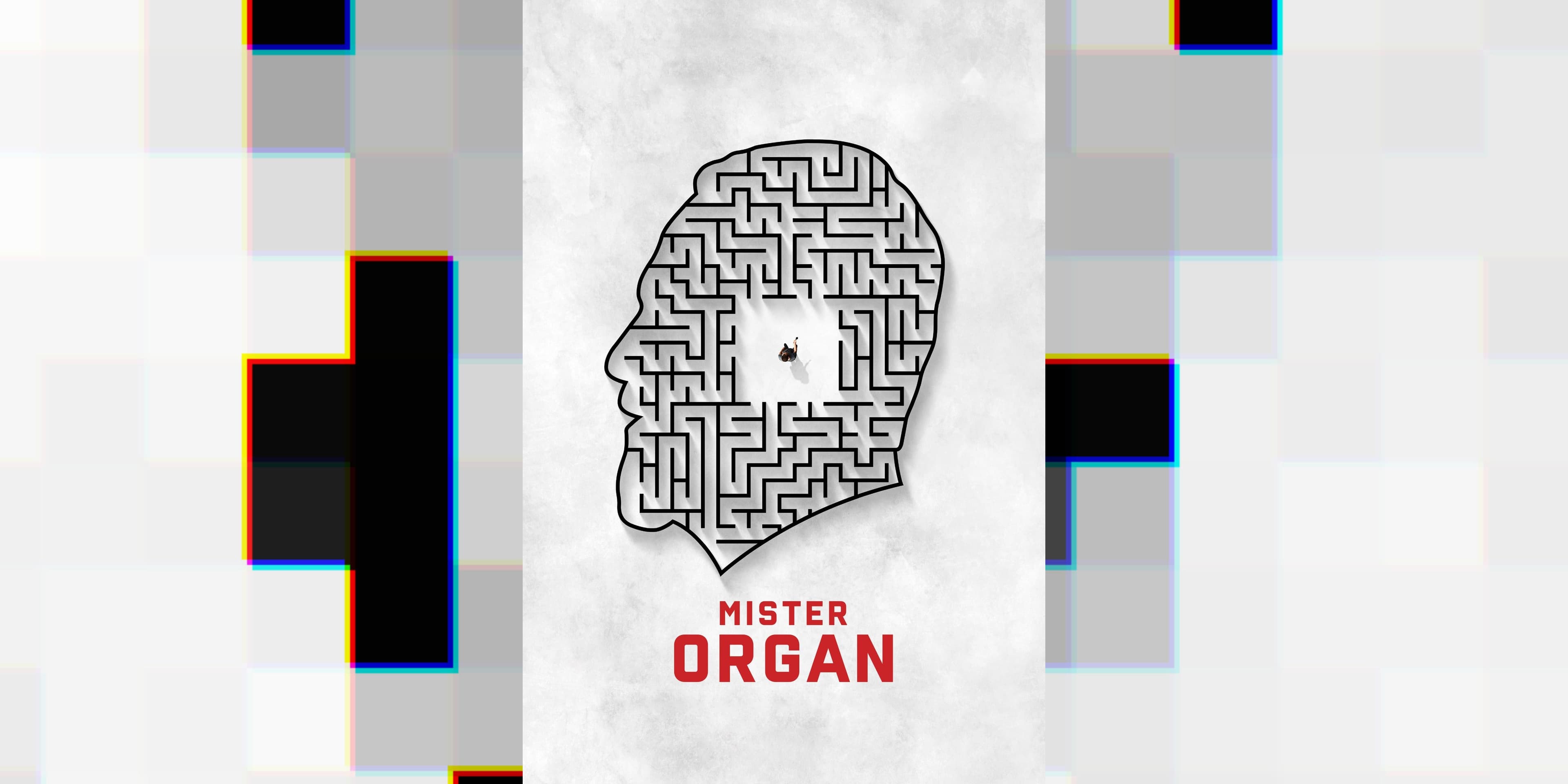 The poster for the documentary Mister Organ super imposed over a pixelated and distorted version of itself.