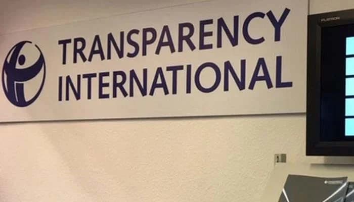 FILE – Transparency International logo is seen in a board in their office in this undated image.